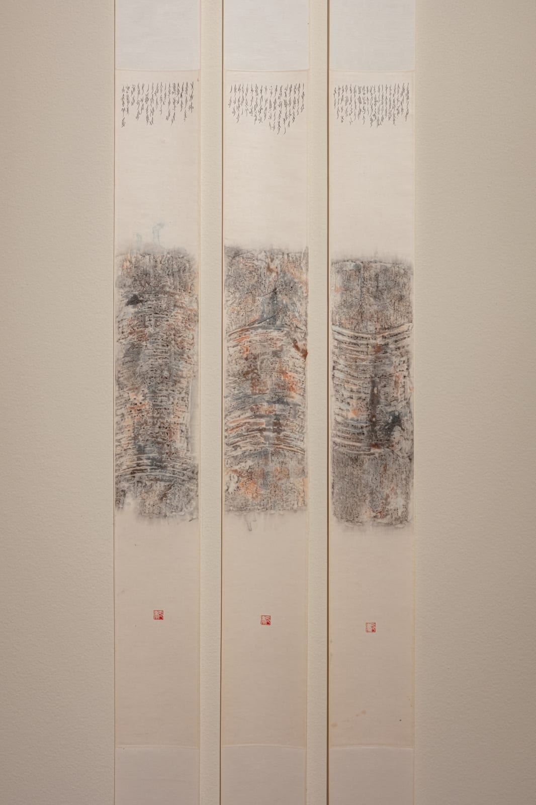 Tao Aimin, In a Twinkle No. 6 (detail), 2011, Ink rubbing on paper, set of three hanging scrolls with nushu (women’s script)